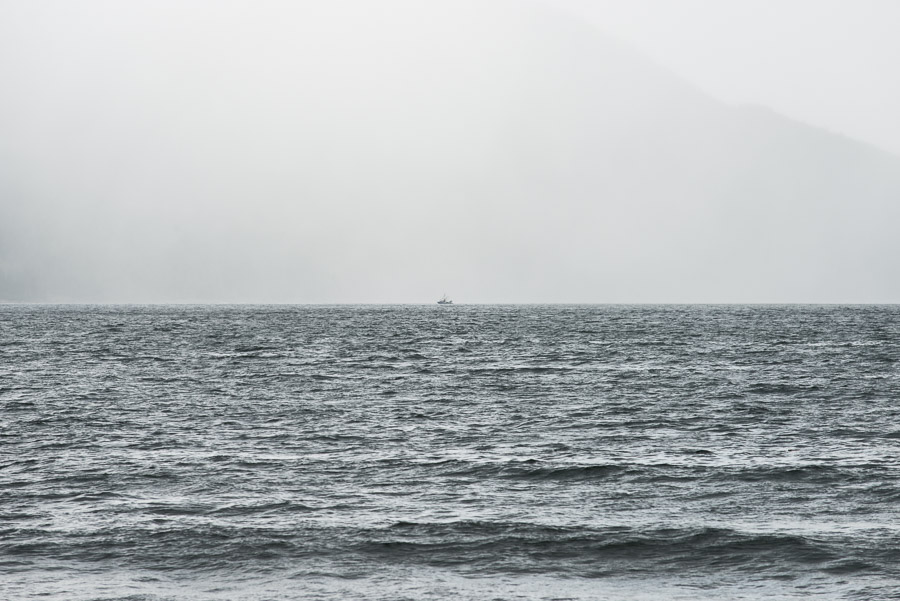 A distant sailboat in rainy Rennell Sound. Most people access this remote area by boat rather than by road, and I can’t say I blame them.