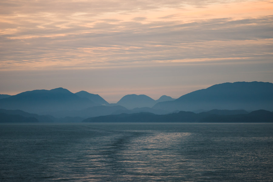 As the sun sets, the ferry steadily continues to churn south to where another leg of the cycling tour will begin. Next stop: Port Hardy.