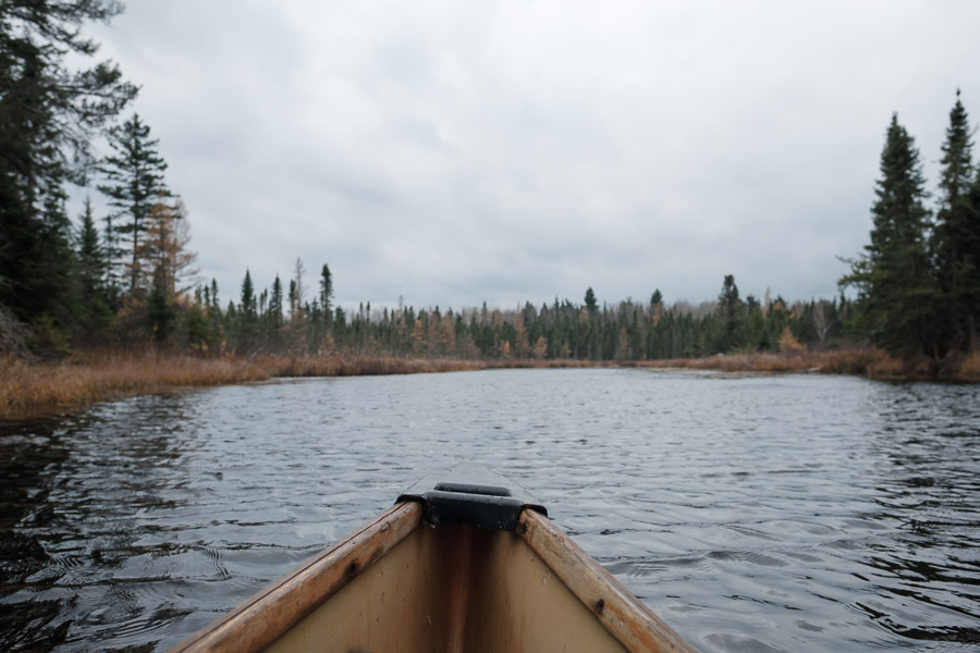 Moody weather as seen from the canoe bow.