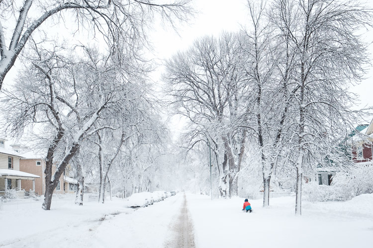 A child plays on the snowy streetside, rolling a large snowball that&rsquo;s sure to be the base of a memorable snowman.