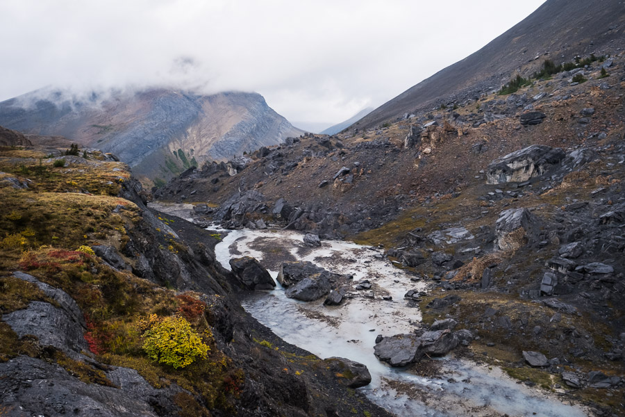A silty stream cutting through a stark rocky valley below Nigel Pass, autumn colour on the tundra and cloud-capped peaks