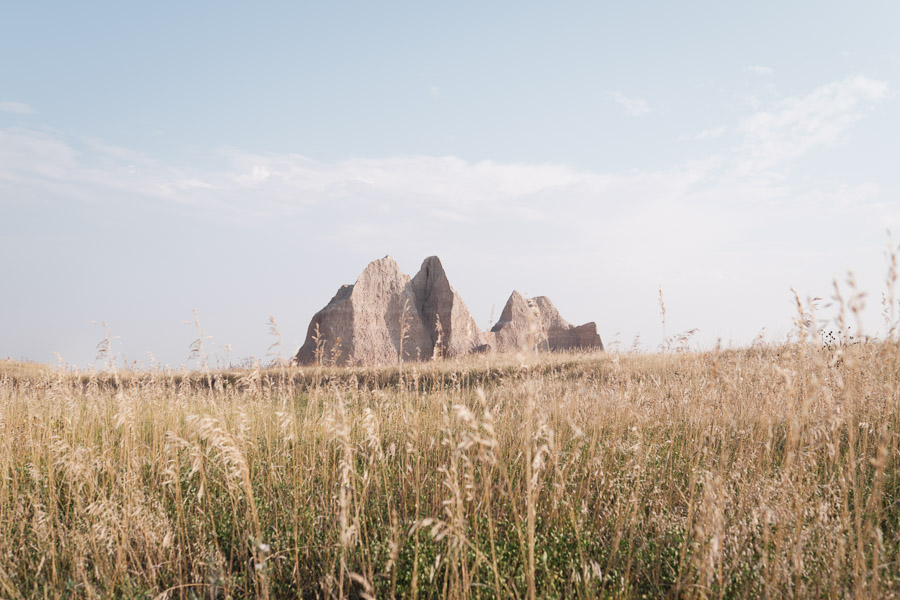 A lone jagged badlands formation rising from a sea of tall golden prairie grass under a pale blue sky