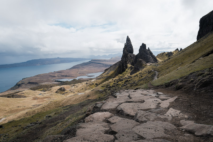 The rocky path below the pinnacles of the Old Man of Storr, with the Sound of Raasay stretching along the coast beyond